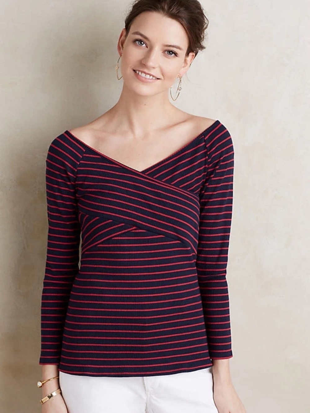 NWT Anthropologie Deletta Striped Cross Front Wrap Top Navy Red Petite M PM